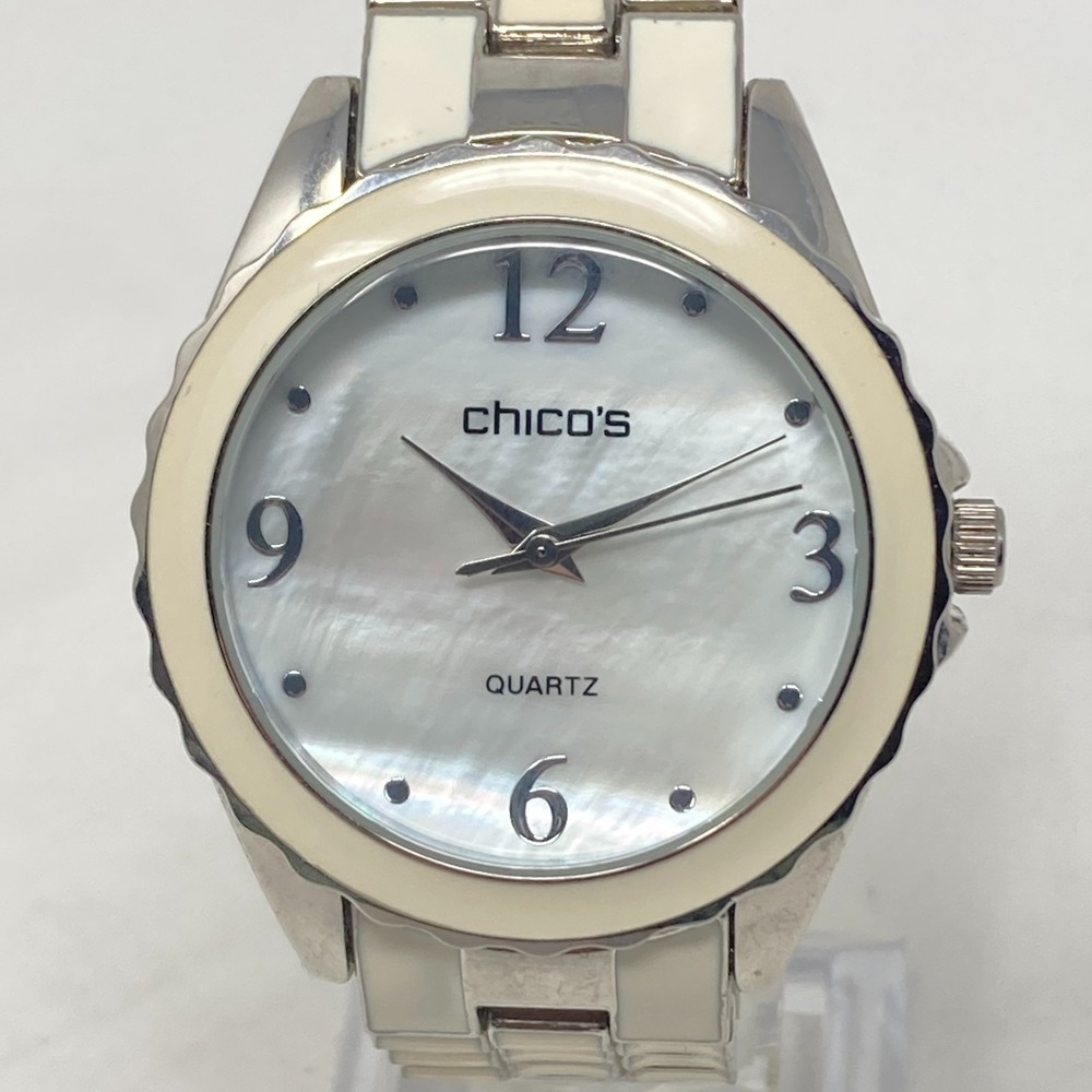 Chico's Watch Women 37mm Silver Tone MOP Dial Ivory Enamel New Battery 7.5"